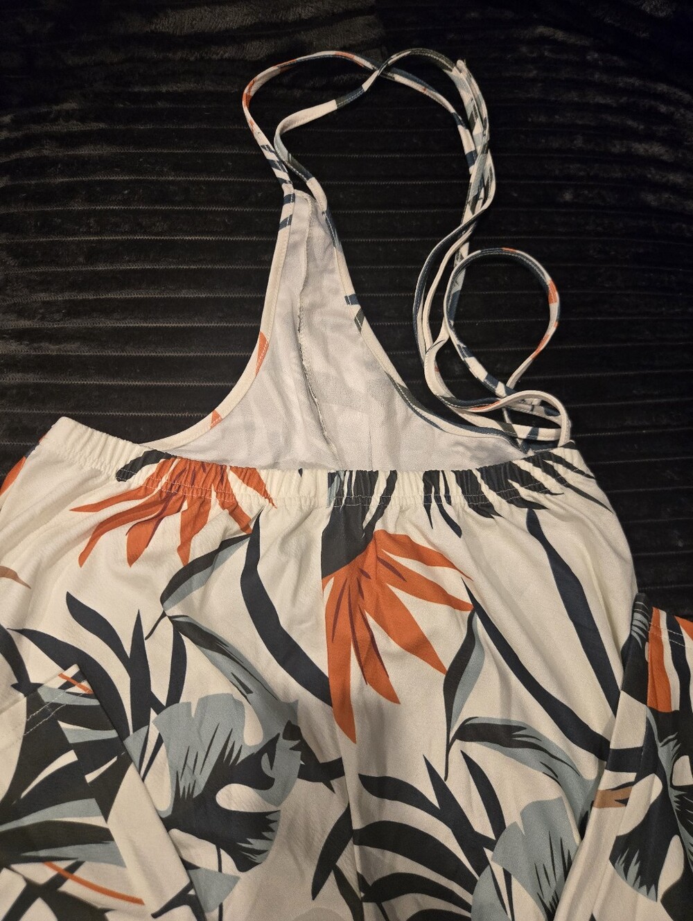 Women's Tropical Print Jumpsuit in White with Black & Orange Leaf Pattern - Picture 4 of 10